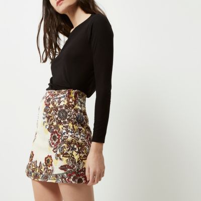 Cream floral print jacquard mini skirt